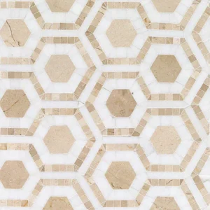 Evo Hex Crema & Thassos 4″ Hexagon Marble Polished Mosaic Tile