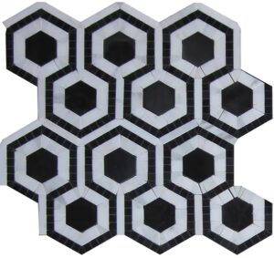 Evo Hex Nero & Asian Statuary 4″ Hexagon Marble Polished Mosaic Tile