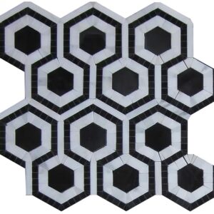 Evo Hex Nero & Asian Statuary 4″ Hexagon Marble Polished Mosaic Tile